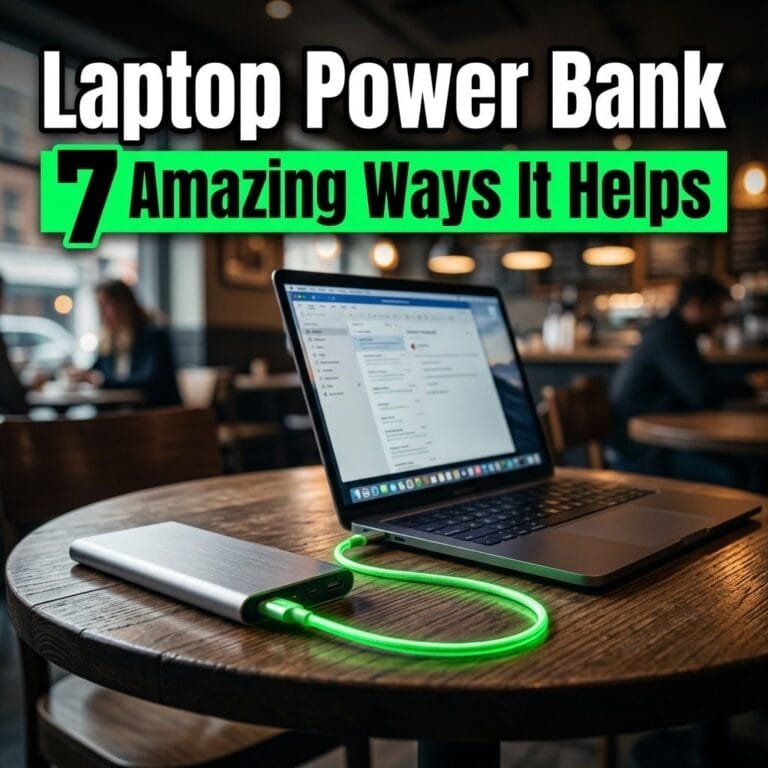 Laptop power bank: a slim power bank charging an open laptop through a glowing cable on a cafe table