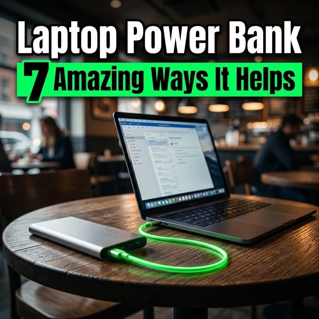 Laptop power bank: a slim power bank charging an open laptop through a glowing cable on a cafe table
