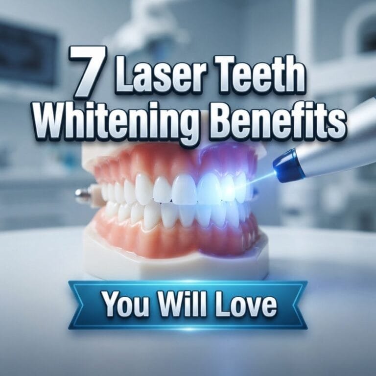 Laser teeth whitening benefits: a dental model with bright white teeth under a blue whitening laser