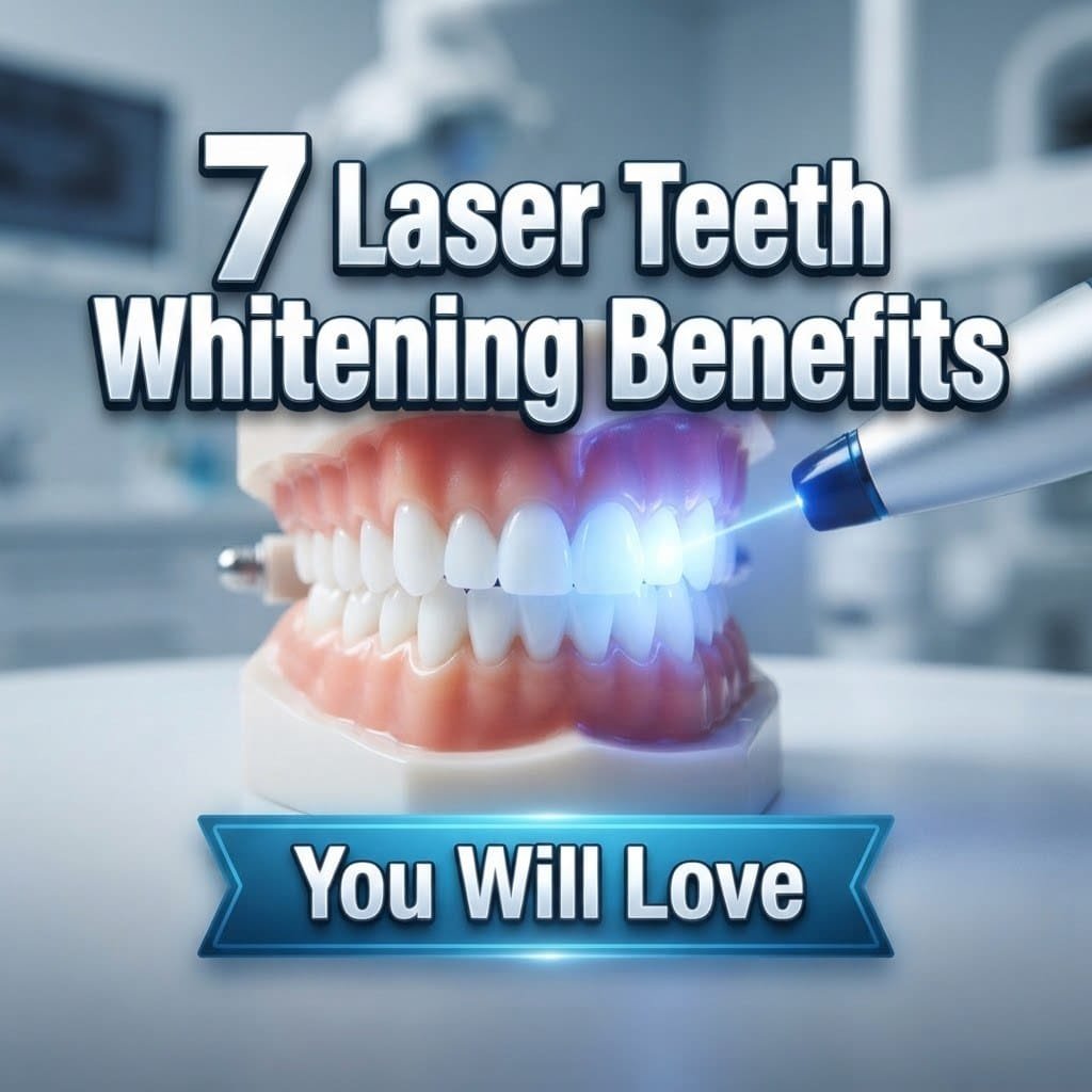 Laser teeth whitening benefits: a dental model with bright white teeth under a blue whitening laser