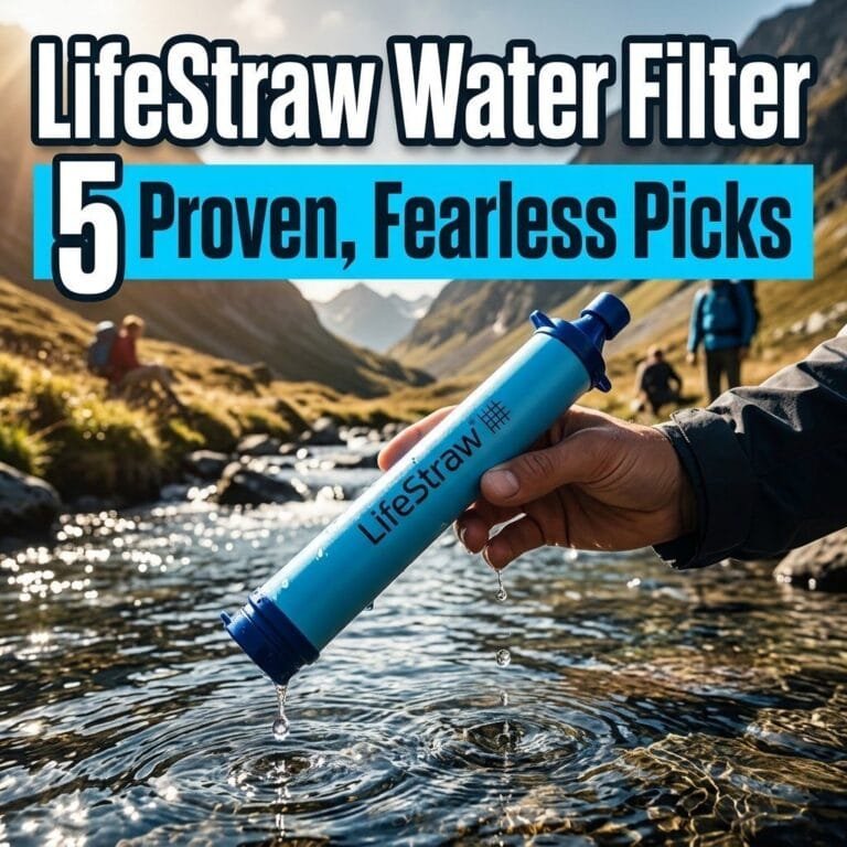 LifeStraw water filter: a hand holding a blue LifeStraw over a clear mountain stream