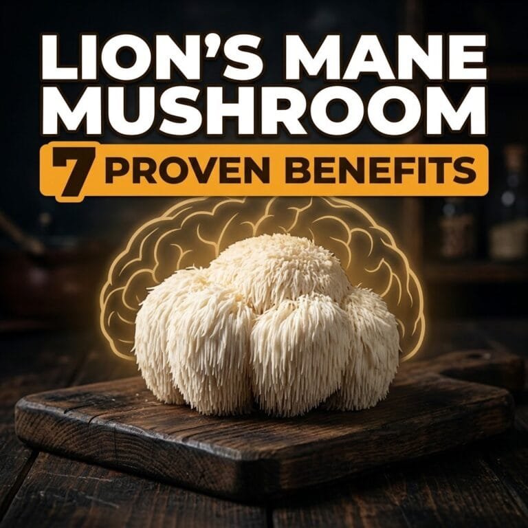 Lion's mane mushroom benefits: a white shaggy mushroom on a wooden board with a golden brain outline behind it