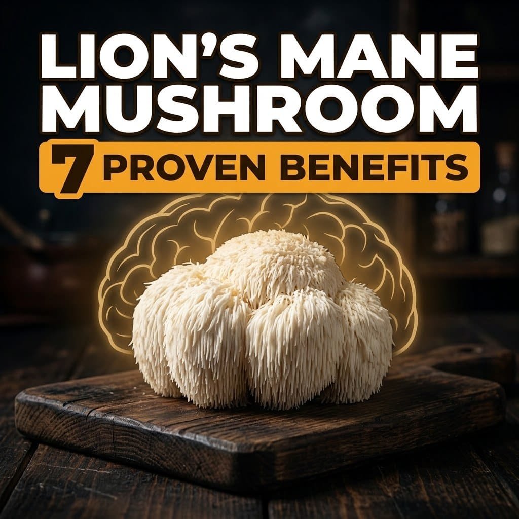 Lion's mane mushroom benefits: a white shaggy mushroom on a wooden board with a golden brain outline behind it