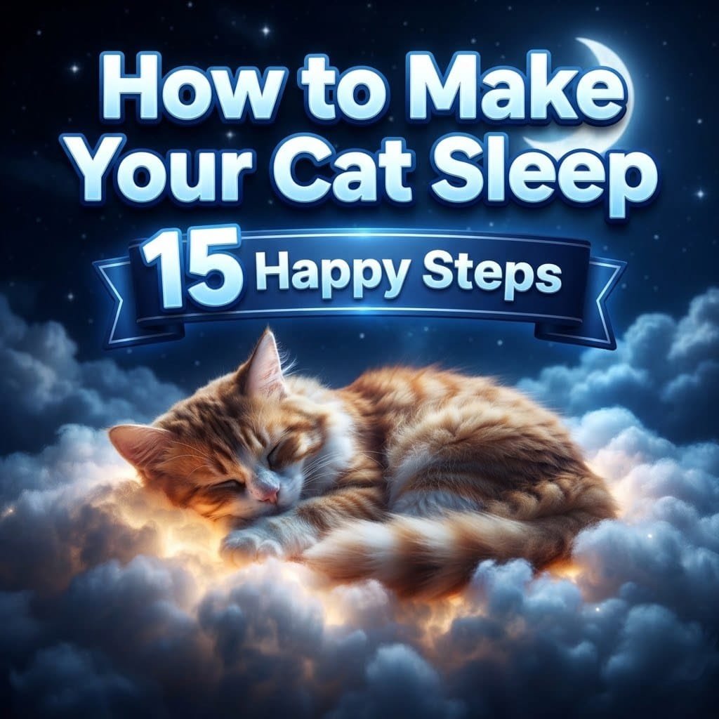 How to make your cat sleep: a ginger cat sleeping curled up on soft clouds under the moon