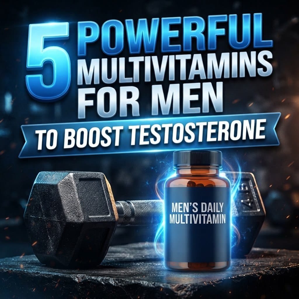 Multivitamins for men: a men's daily multivitamin bottle beside a heavy dumbbell with blue energy glow