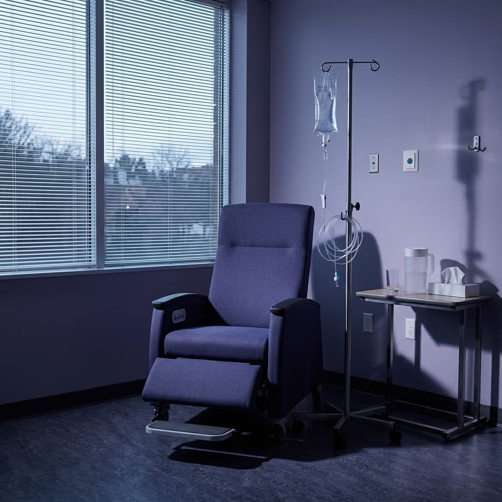 Empty infusion room with a NAD injection drip bag on a stand beside a treatment chair