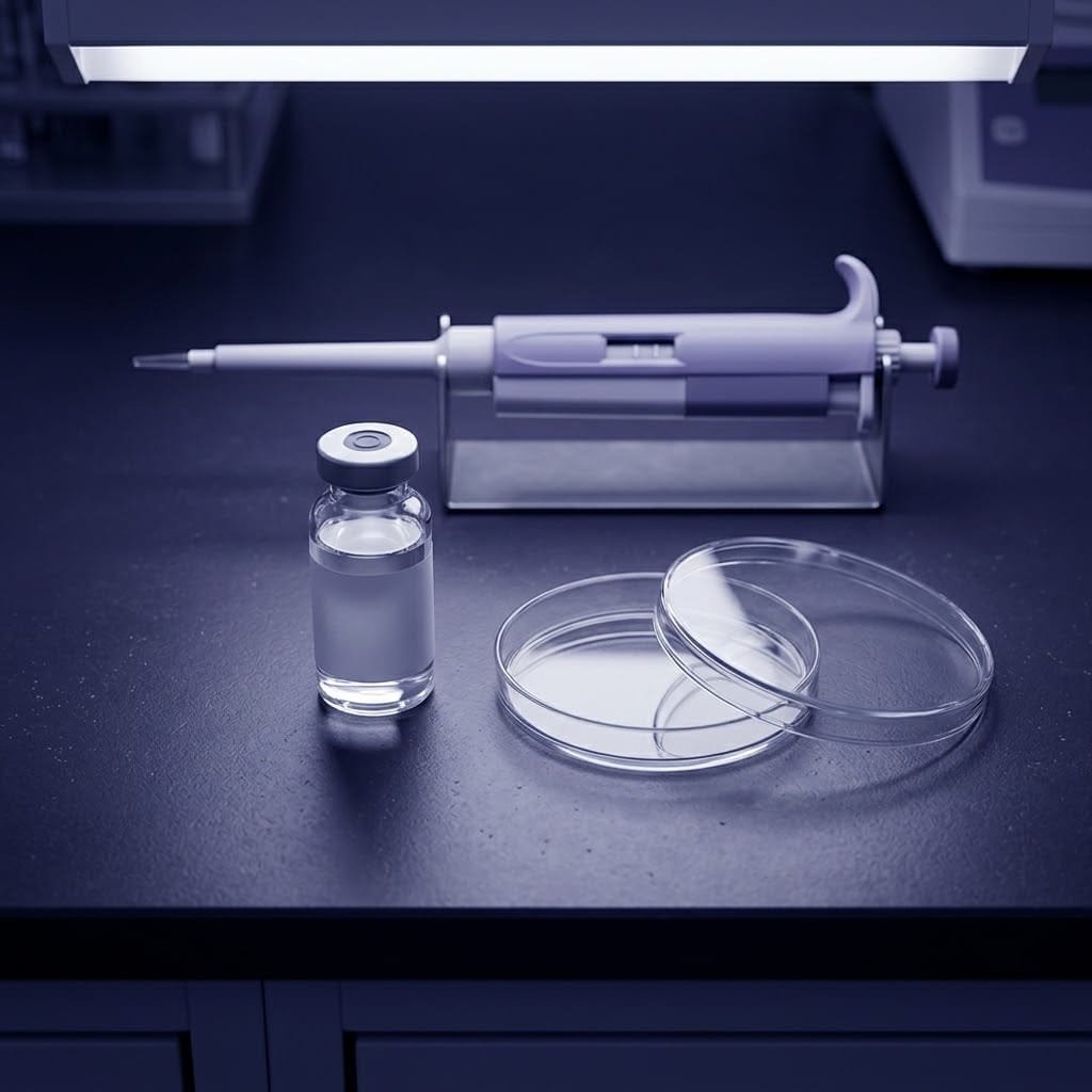 Sterility testing bench with a NAD injection vial, petri dish and pipette