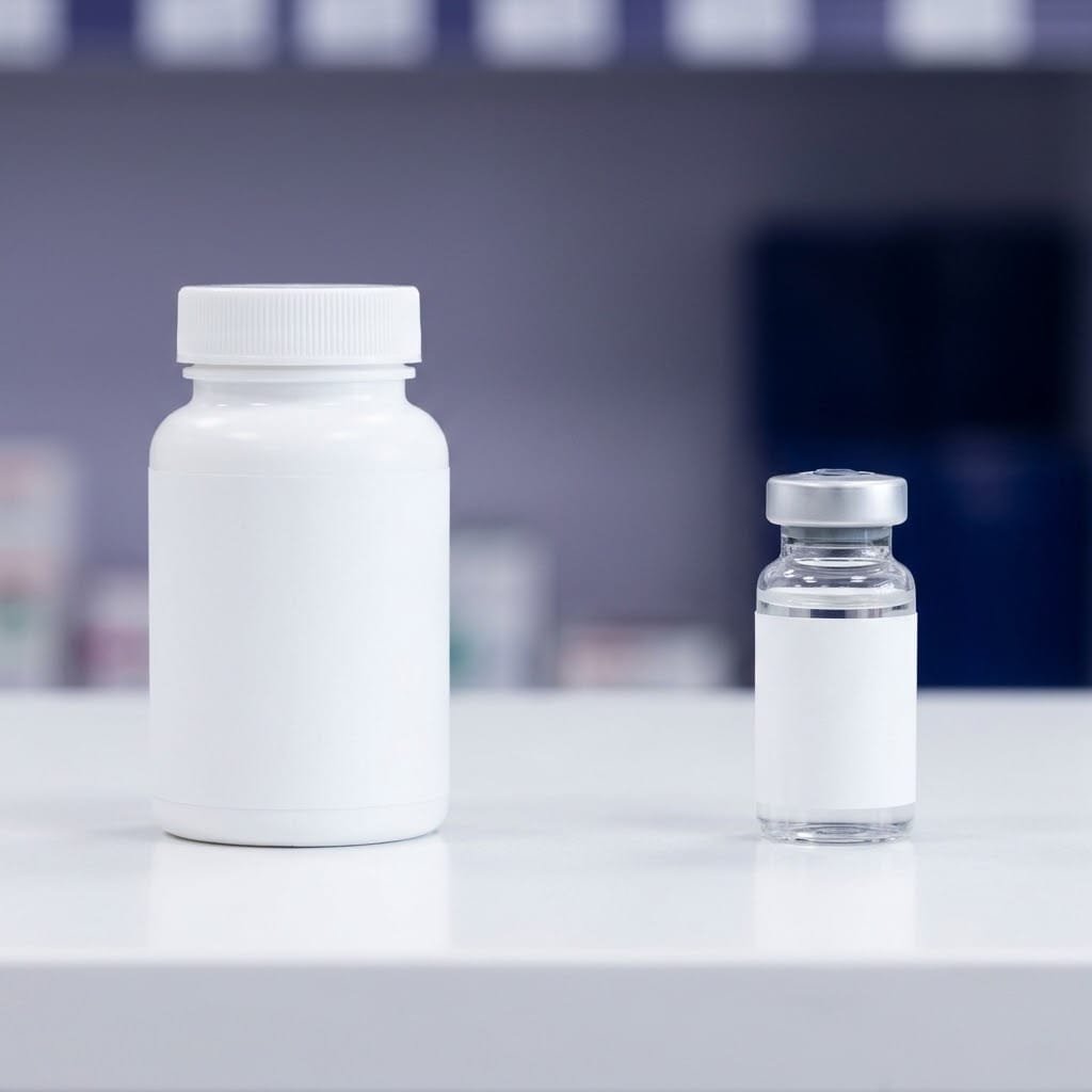 Oral supplement bottle beside a NAD injection vial on a pharmacy counter