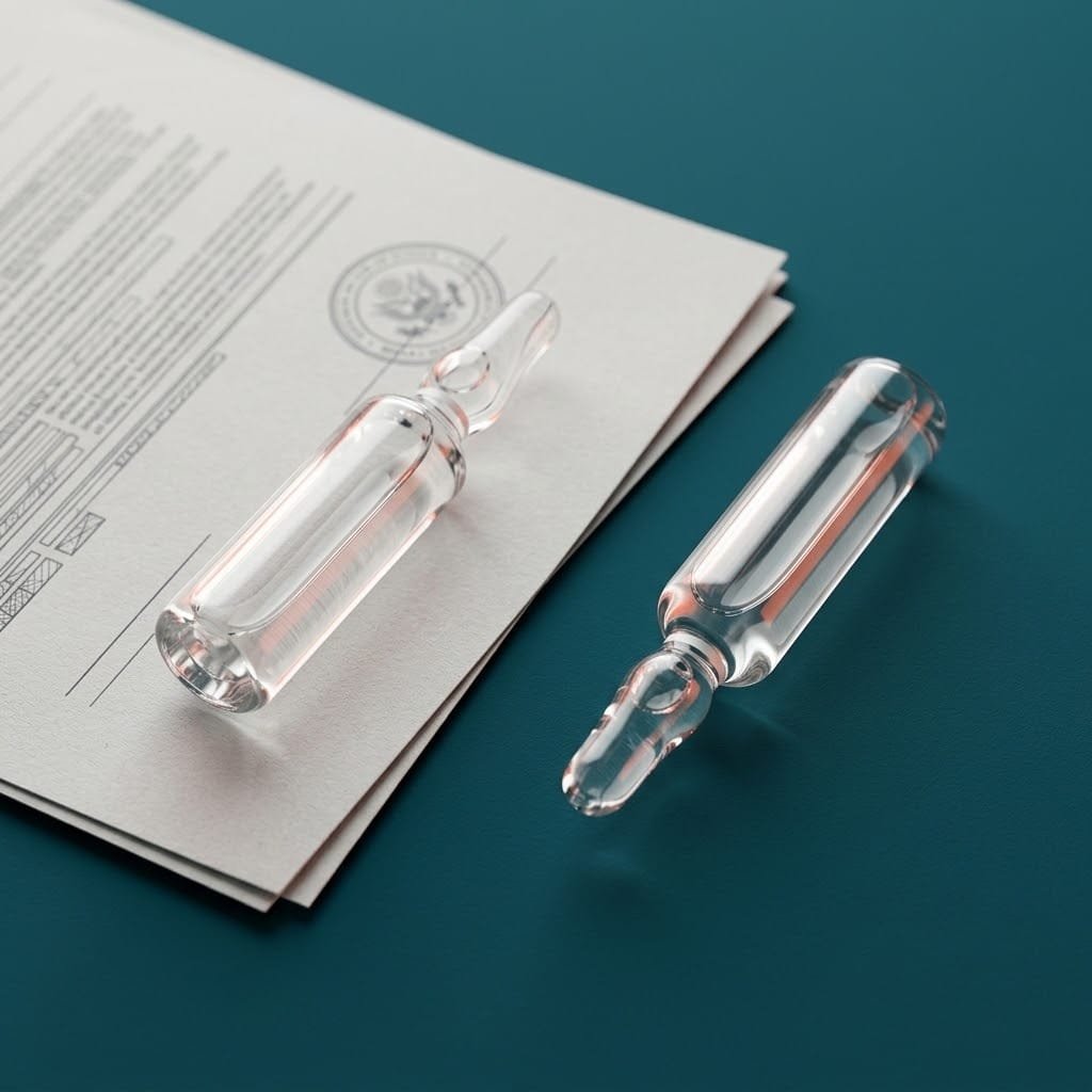 Two identical Revital ampoules, one resting on a registration document and one on the bare desk
