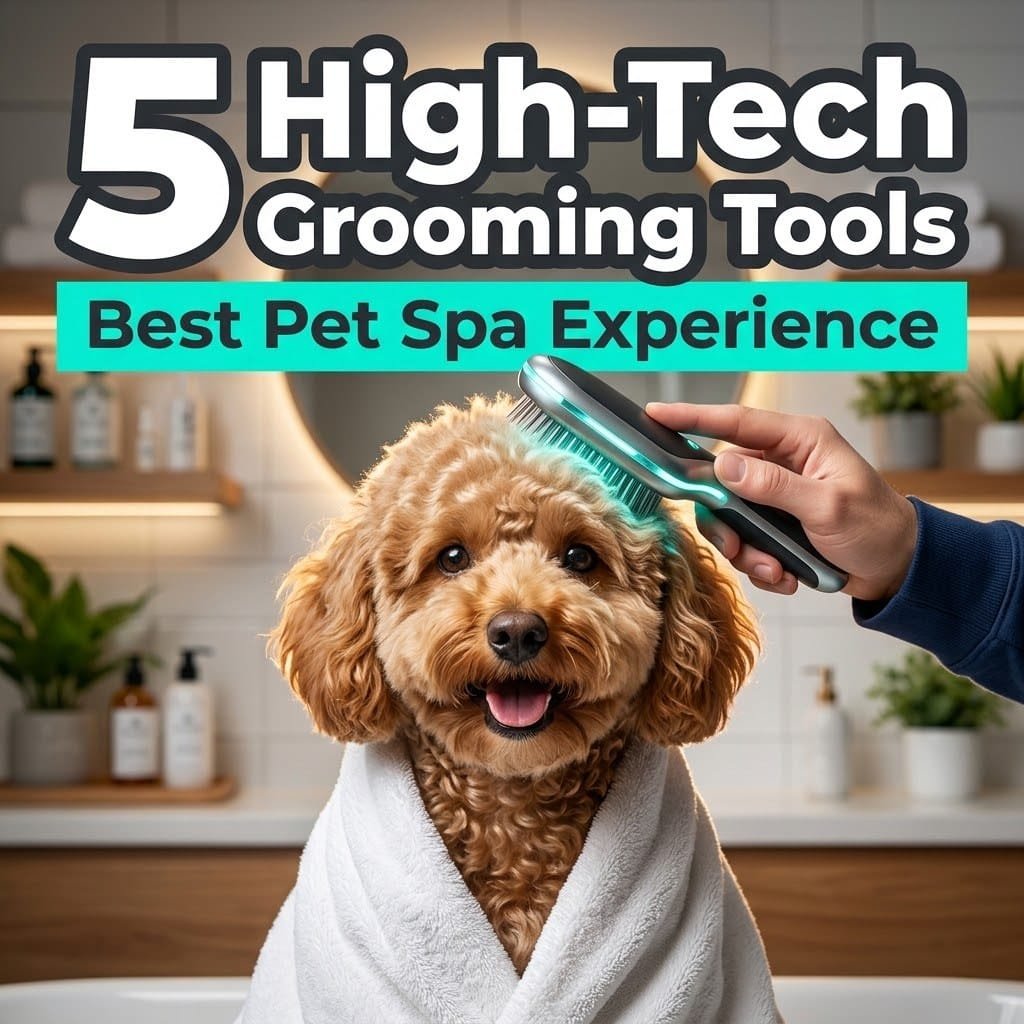 High-tech pet grooming tools: a happy curly dog in a spa towel brushed with a glowing smart grooming brush