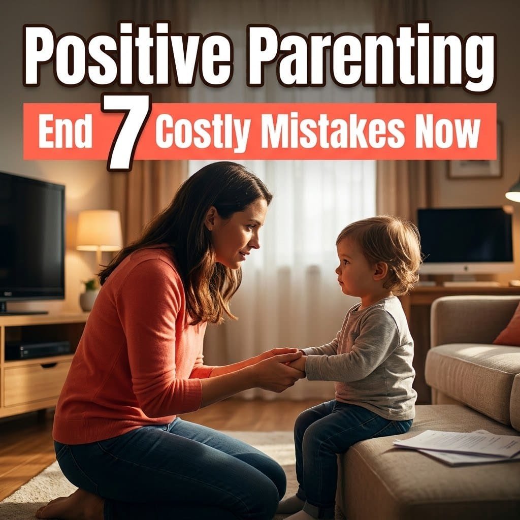 Positive parenting: a parent kneeling at eye level and gently holding a calm child's hands
