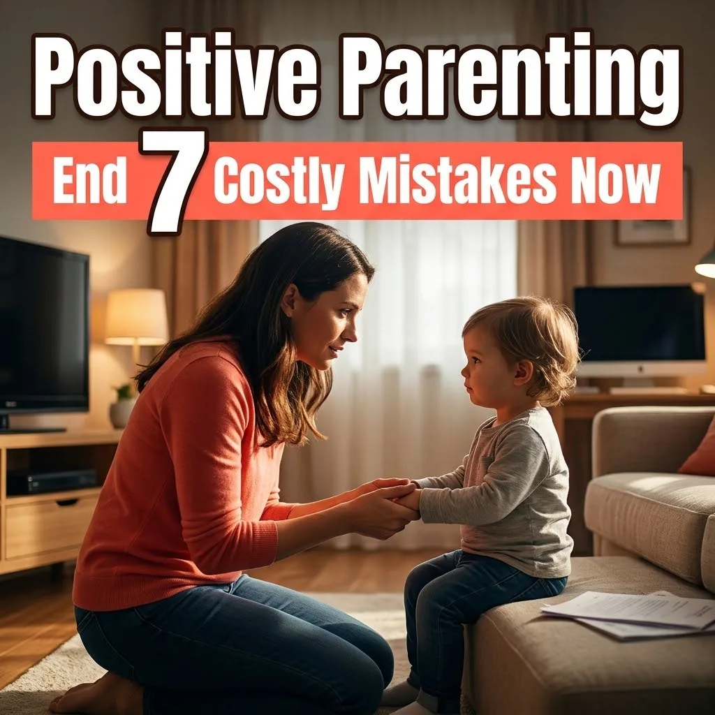 Positive parenting: a parent kneeling at eye level and gently holding a calm child's hands