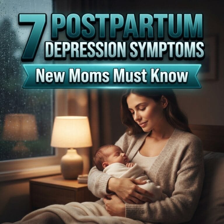 Postpartum depression symptoms: a new mother gently holding her sleeping newborn by a rainy window