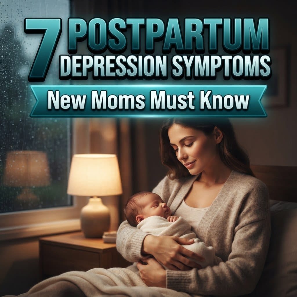 Postpartum depression symptoms: a new mother gently holding her sleeping newborn by a rainy window