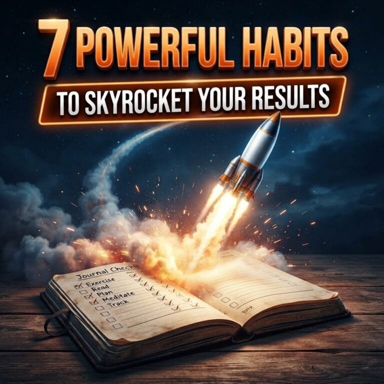 Powerful habits to skyrocket your results: a rocket launching from an open habit tracker notebook