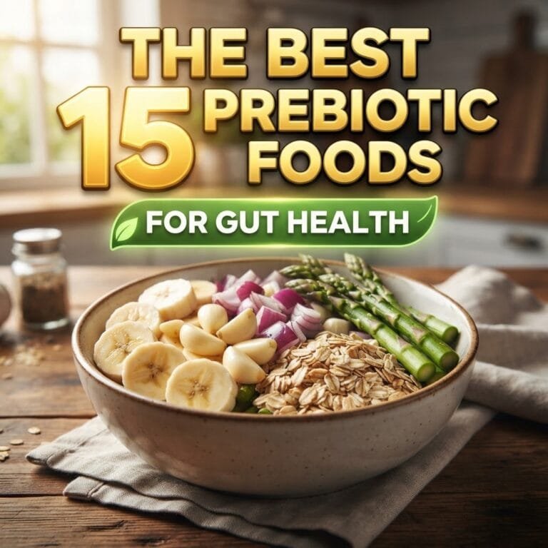 Best prebiotic foods for gut health: a bowl of bananas, garlic, red onion, oats and asparagus
