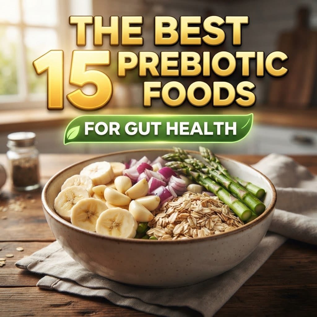 Best prebiotic foods for gut health: a bowl of bananas, garlic, red onion, oats and asparagus