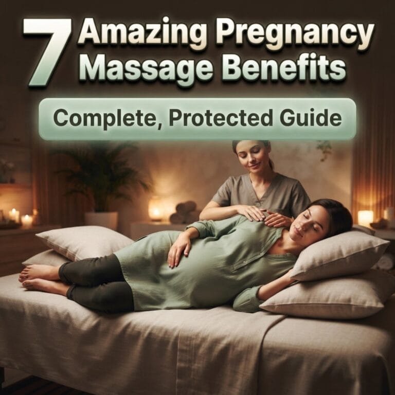Pregnancy massage benefits: a relaxed pregnant woman lying on her side receiving a gentle shoulder massage
