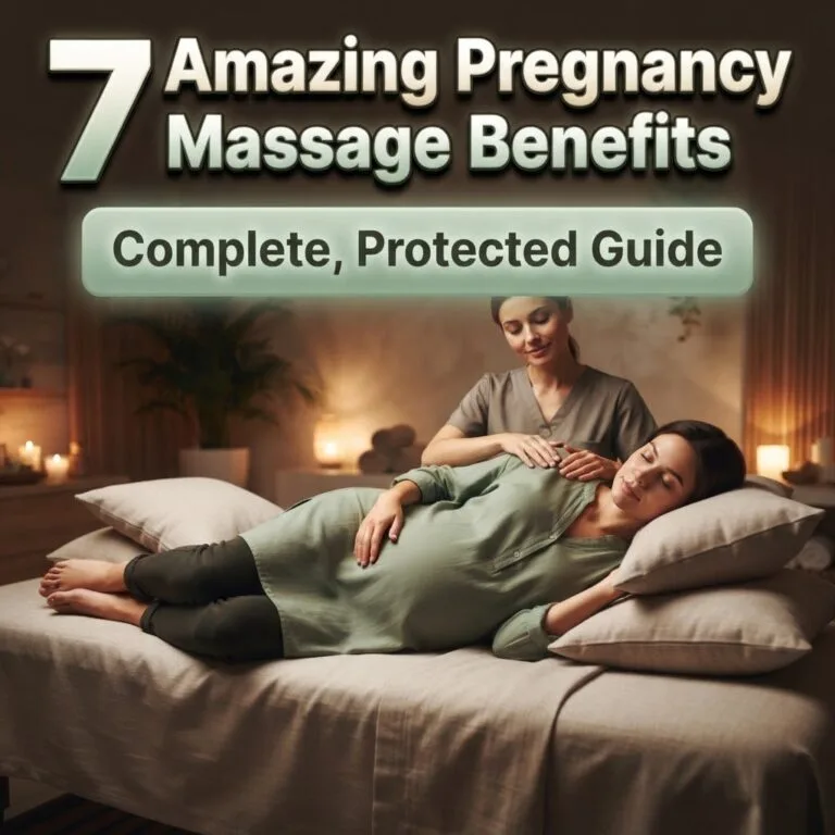 Pregnancy massage benefits: a relaxed pregnant woman lying on her side receiving a gentle shoulder massage