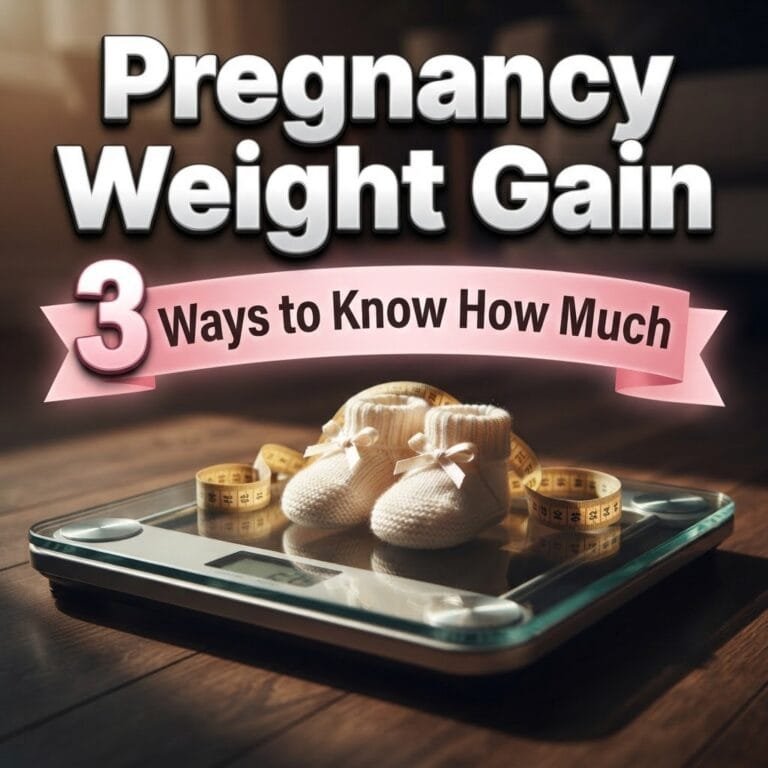 Pregnancy weight gain: tiny knitted baby booties and a measuring tape on a glass bathroom scale