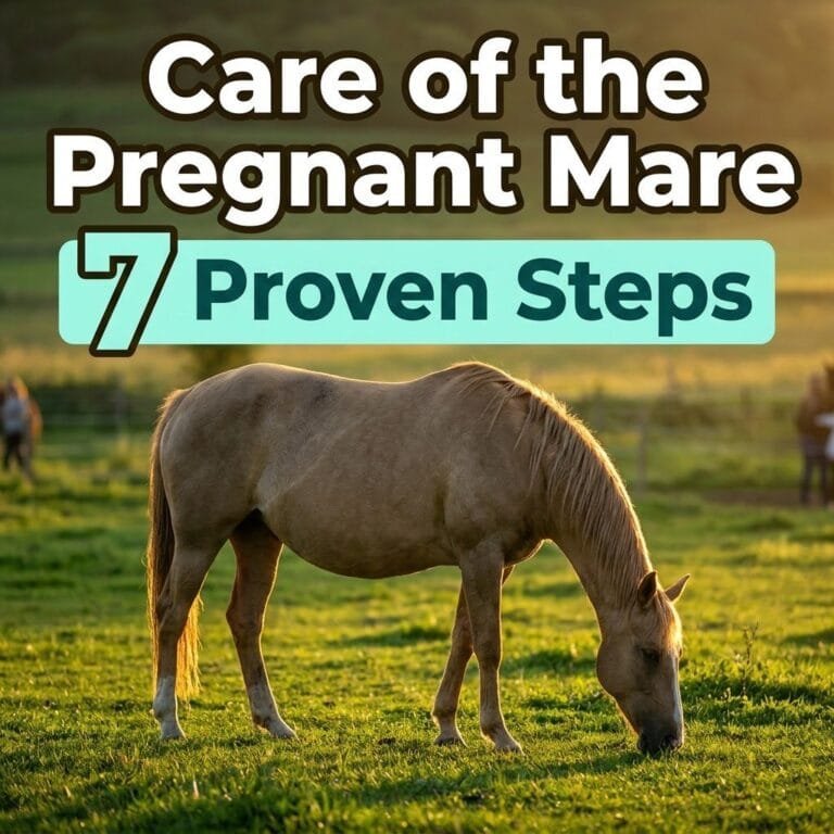 Care of the pregnant mare: a calm pregnant mare grazing in a green paddock at golden hour