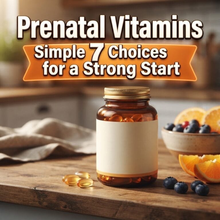 Prenatal vitamins: an amber vitamin bottle with softgels beside fresh oranges and blueberries