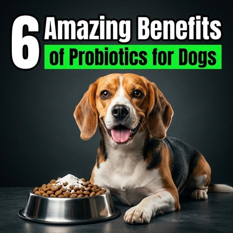 Probiotics for dogs: a happy beagle beside its food bowl sprinkled with probiotic powder