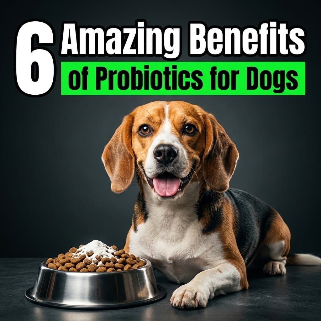 Probiotics for dogs: a happy beagle beside its food bowl sprinkled with probiotic powder
