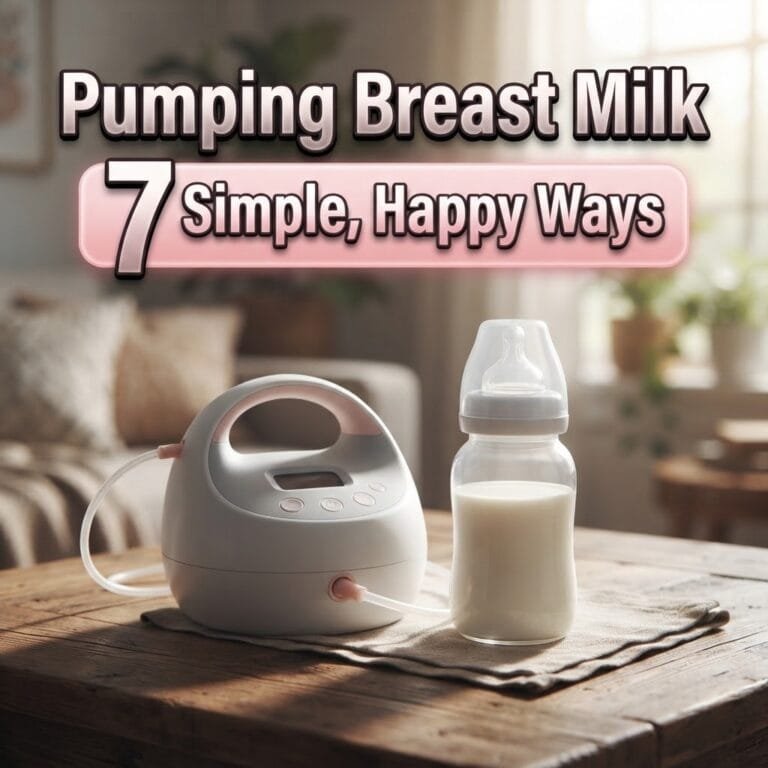 Pumping breast milk: an electric breast pump beside a bottle of milk on a cozy wooden table
