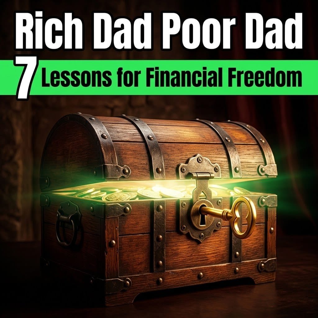 Rich Dad Poor Dad lessons: a golden key unlocking a glowing treasure chest of coins