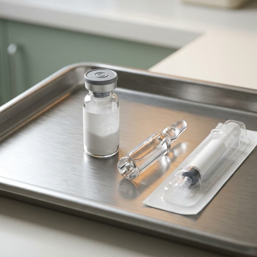 Sculptra collagen stimulator vial of freeze-dried powder beside sterile water and a sealed syringe