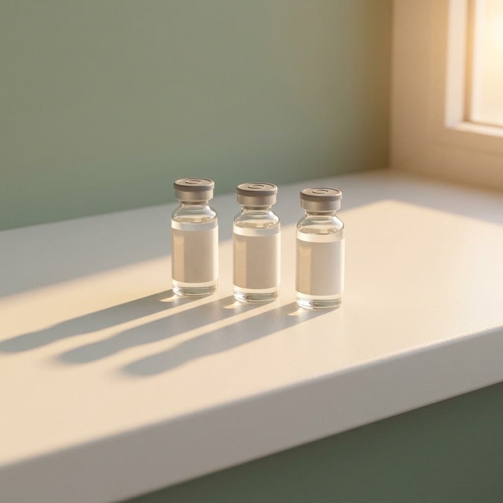Three Sculptra collagen stimulator vials casting long shadows, the months a result takes