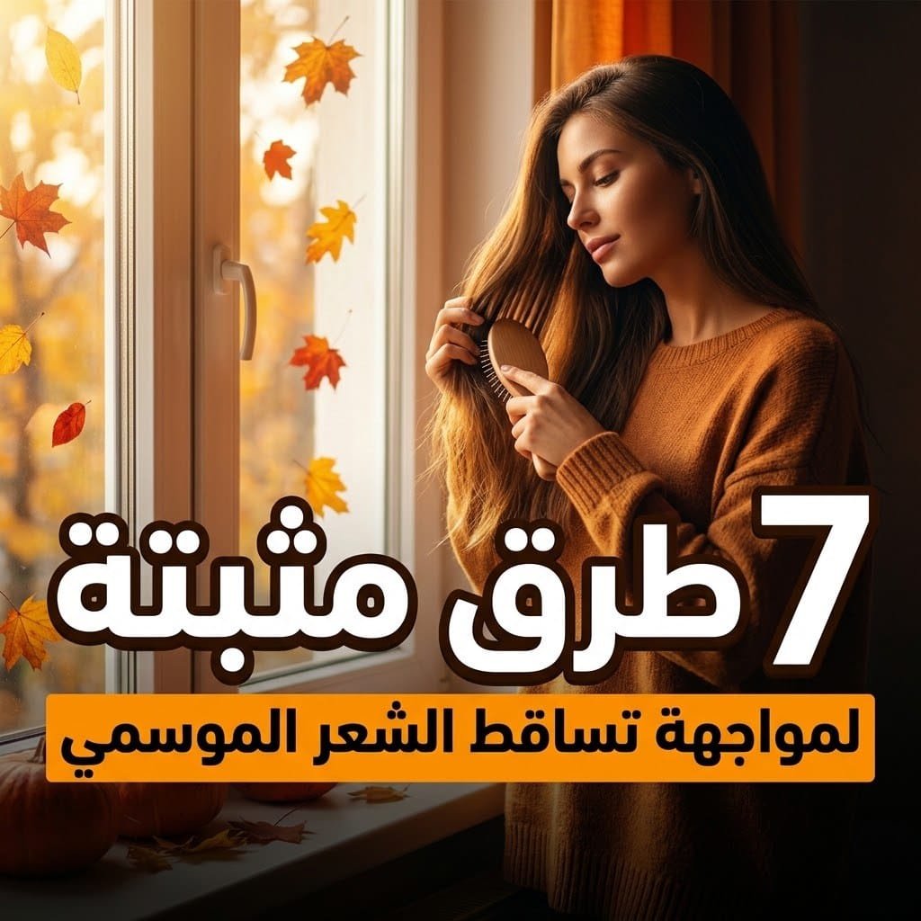 تساقط الشعر الموسمي: امرأة تمشط شعرها الطويل بجوار نافذة تتساقط خارجها أوراق الخريف