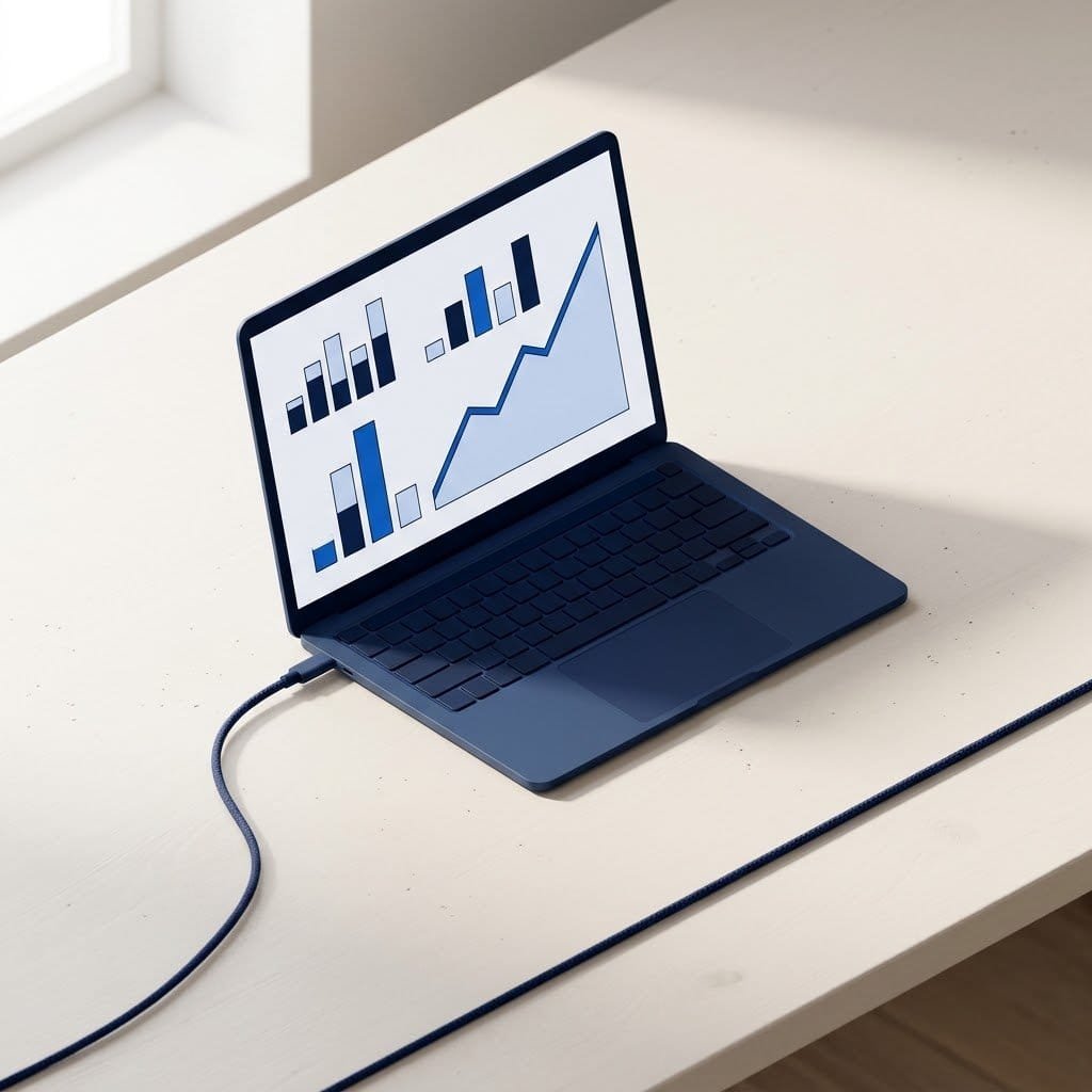 A laptop on a bright desk showing an abstract analytics dashboard, the kind of report free SEO tools produce