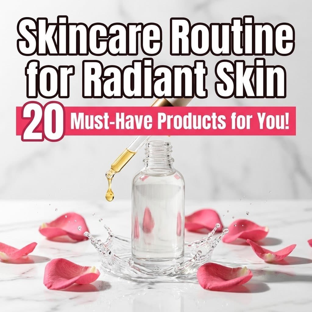 Skincare routine for radiant skin: a serum dropper bottle on marble with rose petals