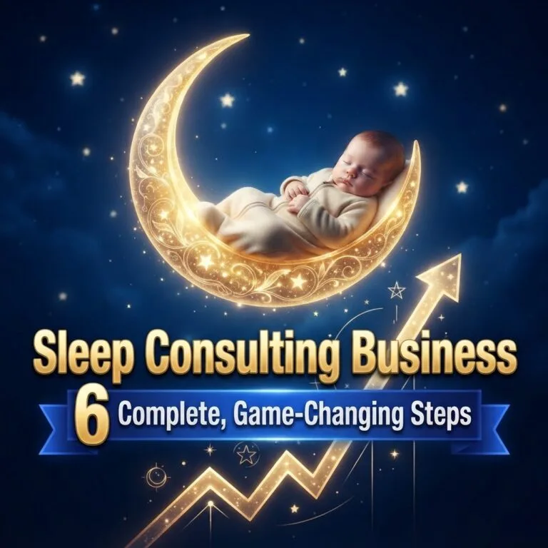 Sleep consulting business: a baby sleeping on a golden crescent moon above a rising growth arrow