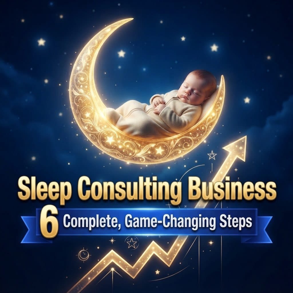 Sleep consulting business: a baby sleeping on a golden crescent moon above a rising growth arrow
