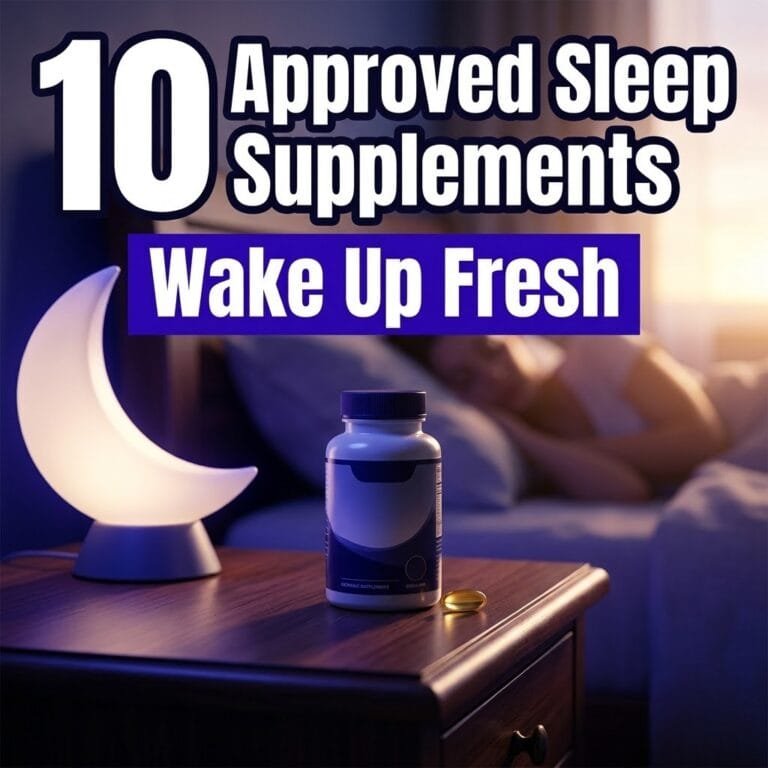Sleep supplements: a supplement bottle and softgel on a bedside table beside a crescent moon lamp at dawn