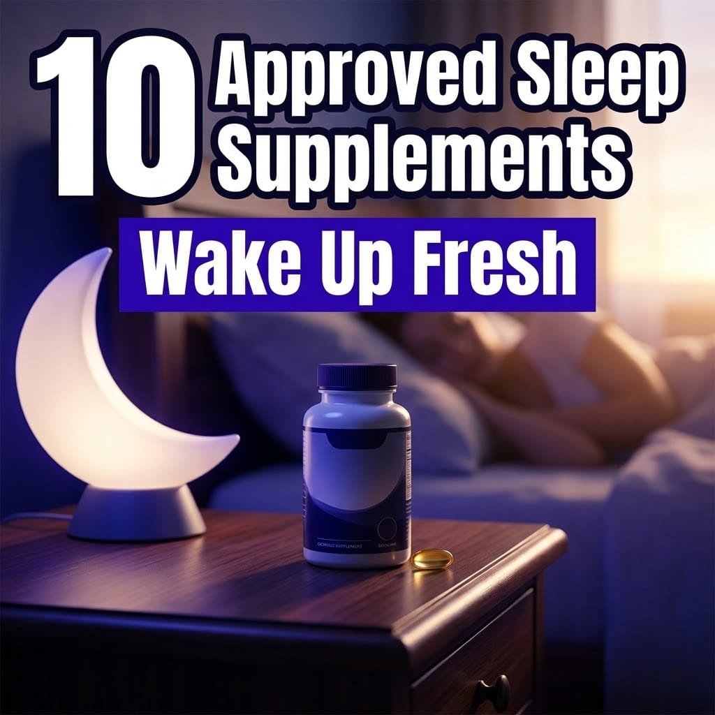 Sleep supplements: a supplement bottle and softgel on a bedside table beside a crescent moon lamp at dawn