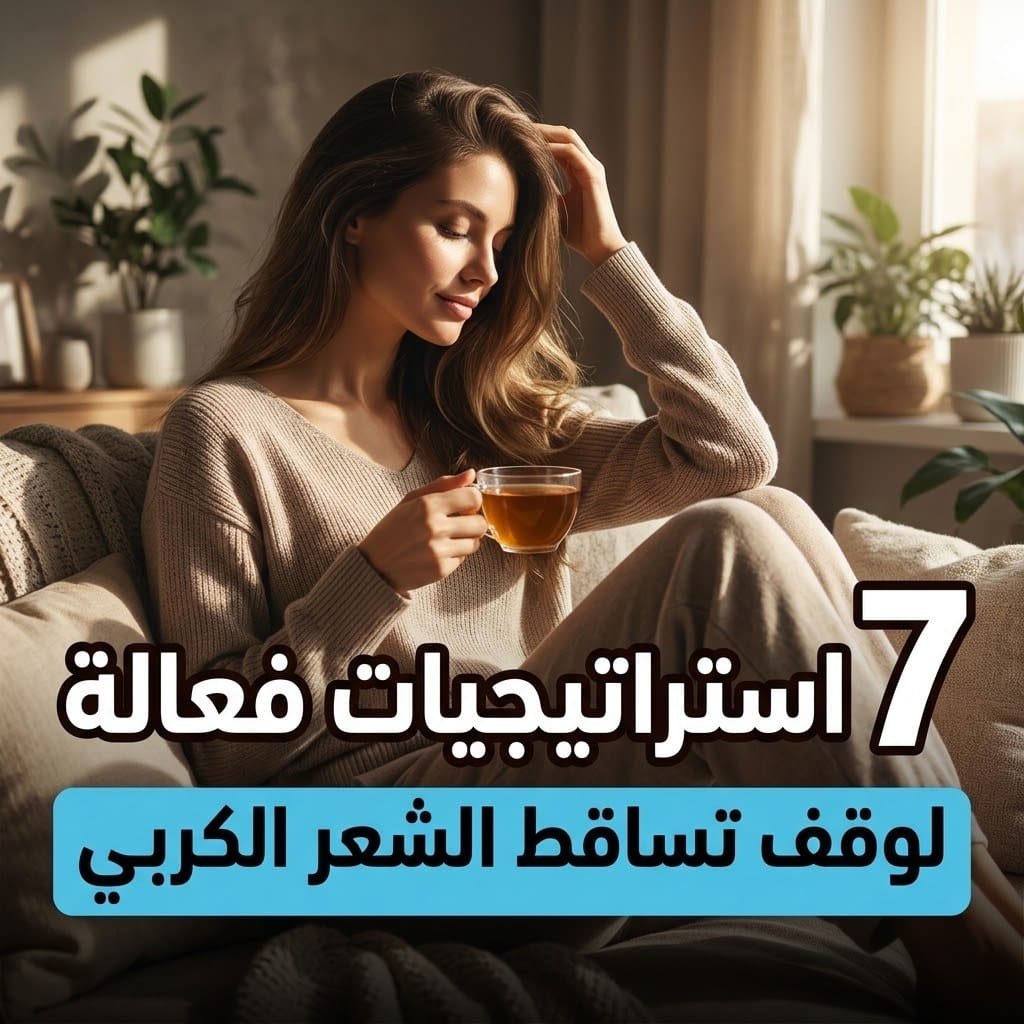 وقف تساقط الشعر الكربي: امرأة هادئة تستريح مع كوب شاي وتلمس شعرها الصحي