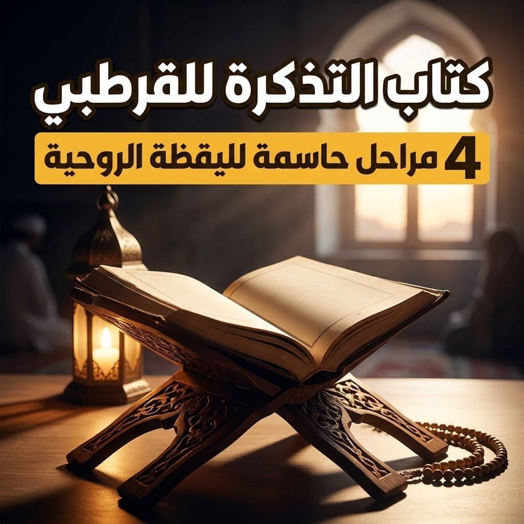 كتاب التذكرة للقرطبي: كتاب مفتوح على حامل خشبي مع فانوس ومسبحة