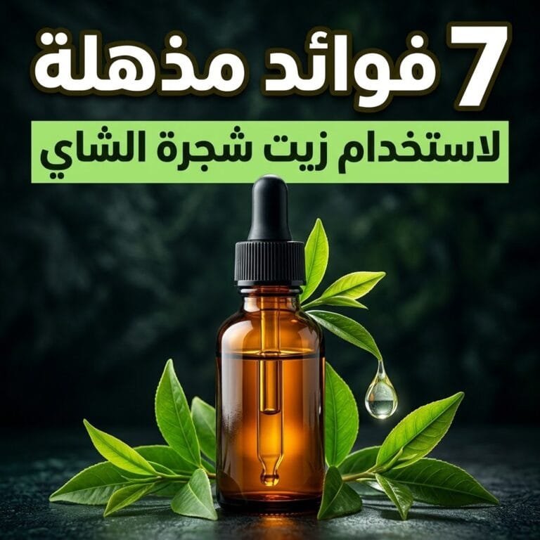 فوائد زيت شجرة الشاي: زجاجة قطارة كهرمانية بين أوراق شجرة الشاي الخضراء