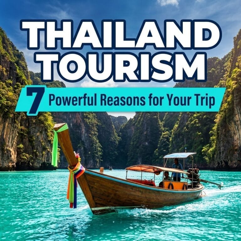 Thailand tourism: a colorful longtail boat on turquoise water between towering limestone cliffs