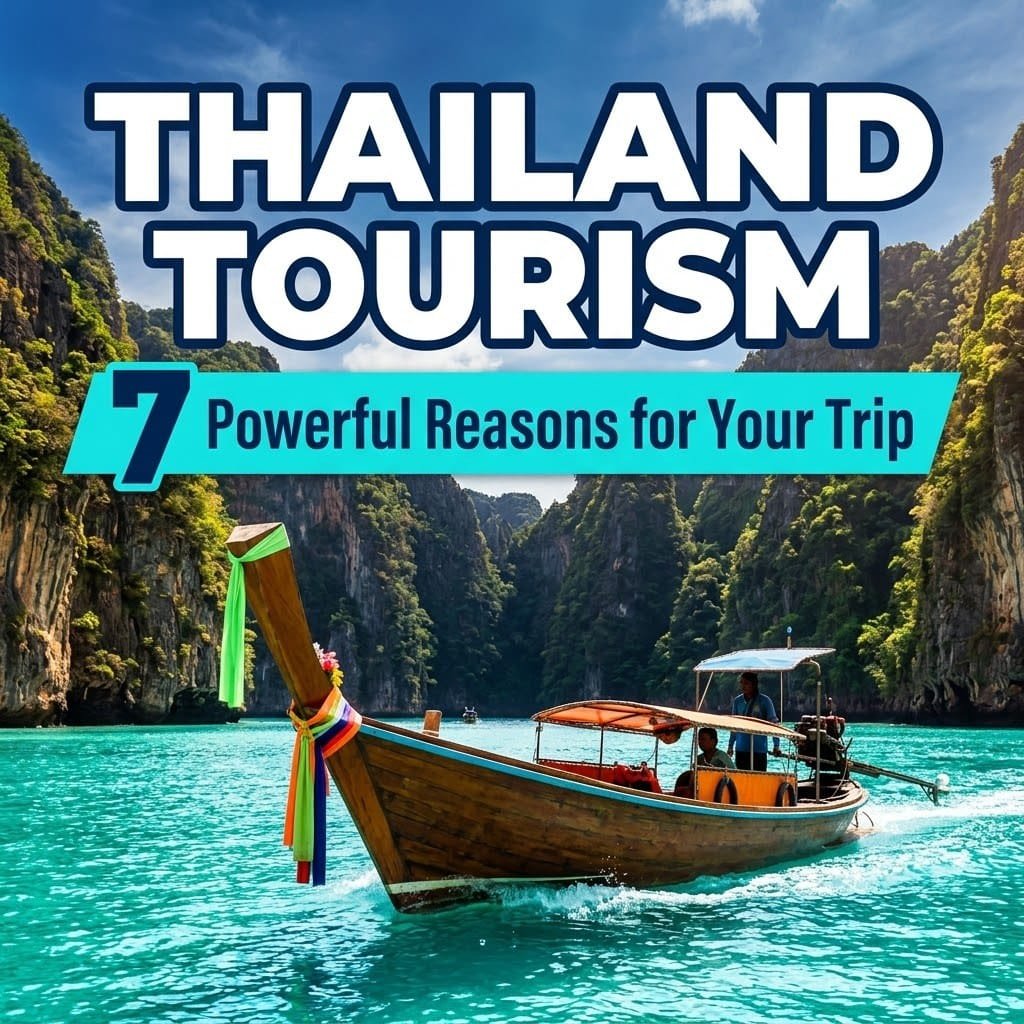 Thailand tourism: a colorful longtail boat on turquoise water between towering limestone cliffs