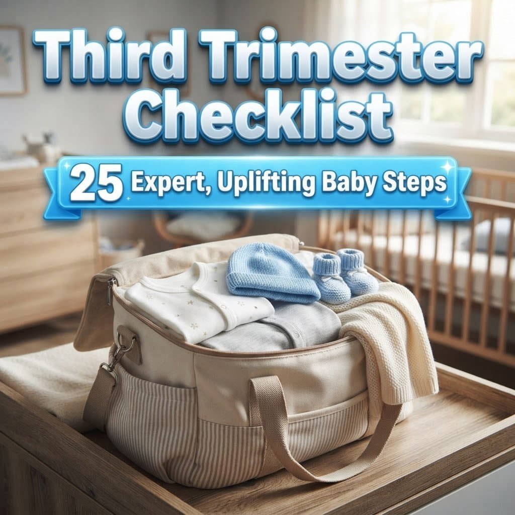 Third trimester checklist: a packed hospital bag with folded baby clothes, a knit hat and booties