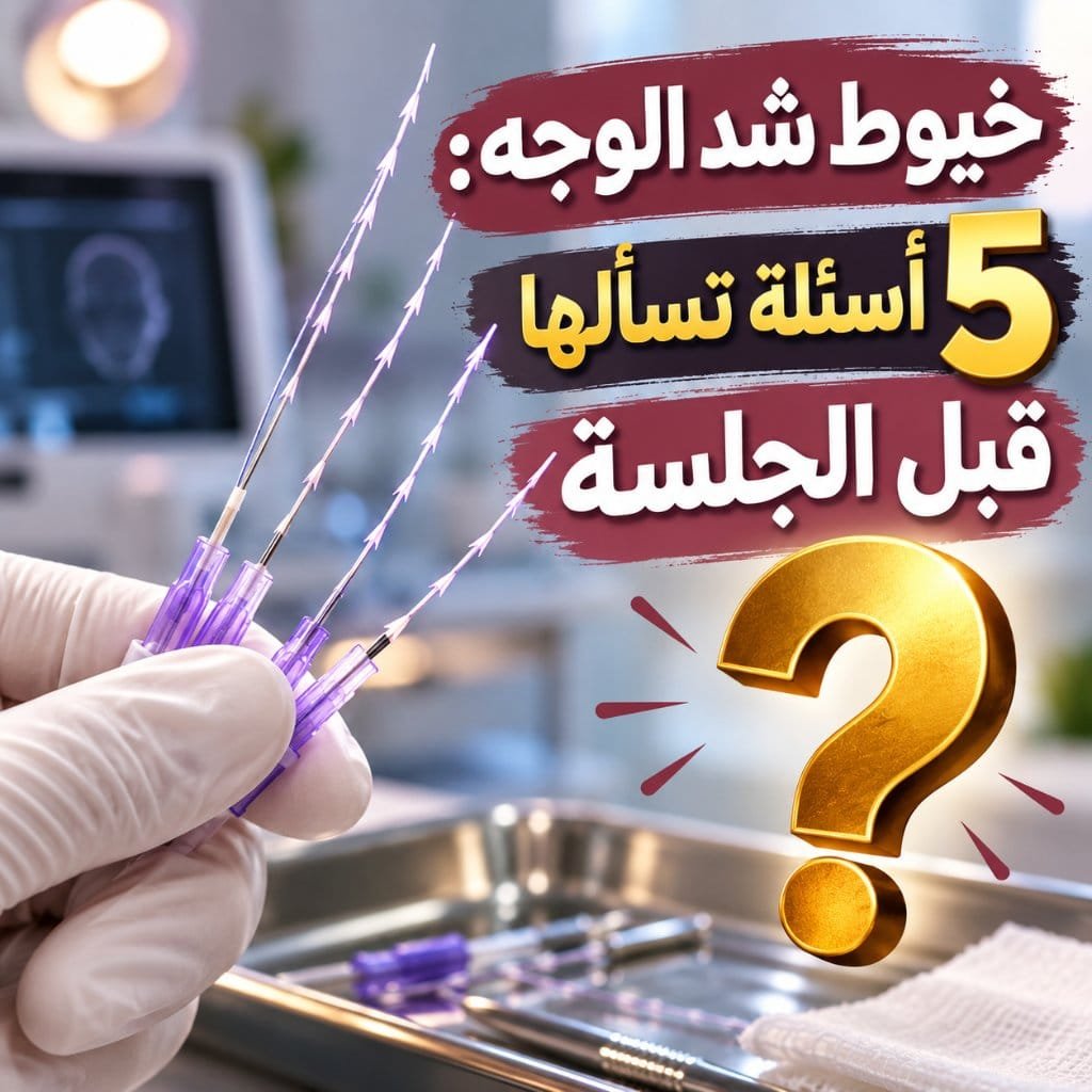 خيوط شد الوجه: يد بقفاز طبي تمسك إبر الخيوط المسننة فوق صينية الإجراء مع عنوان المقال