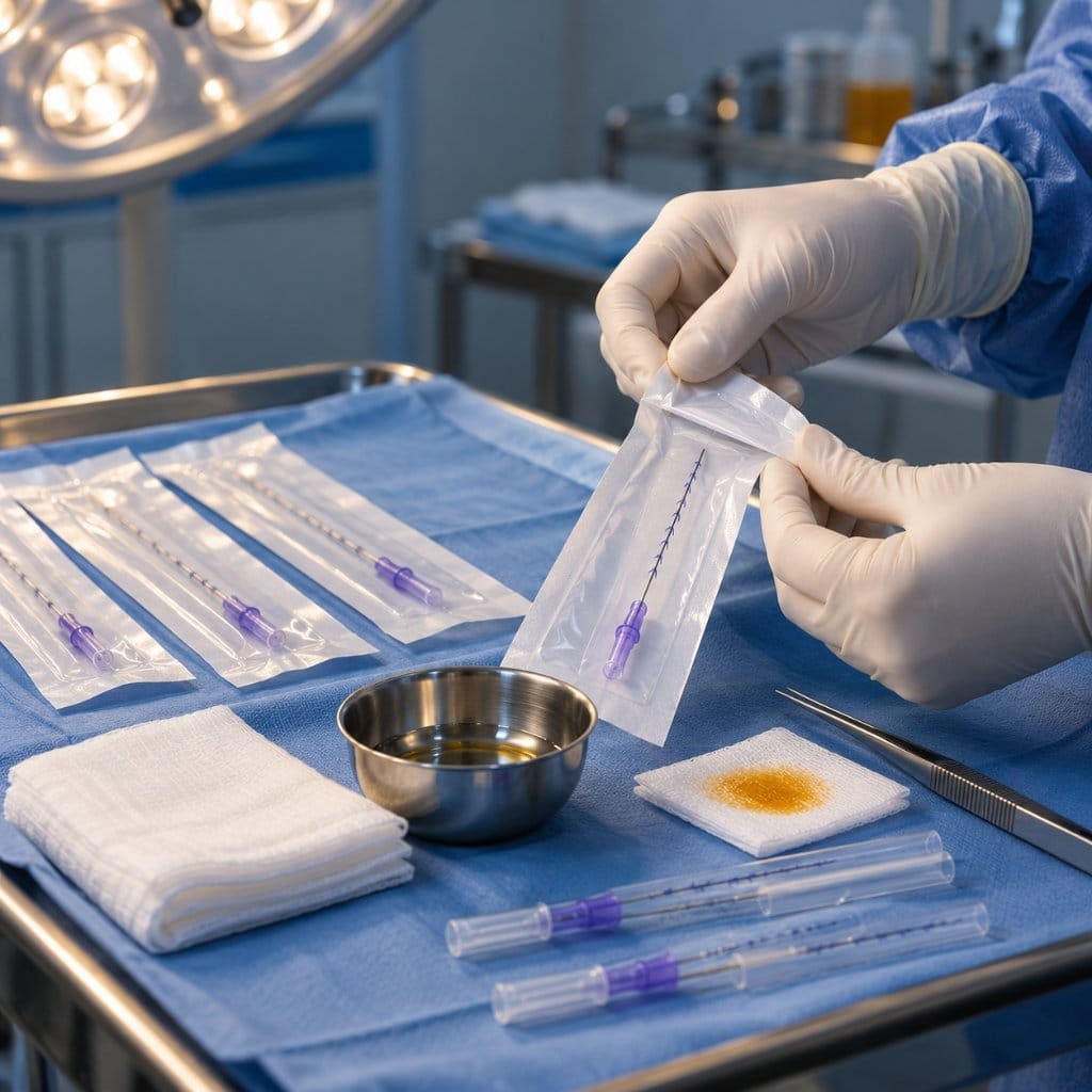 صينية معقمة لإجراء خيوط شد الوجه: يدان بقفاز طبي تفتحان عبوة خيط معقمة بجانب الشاش والمطهر