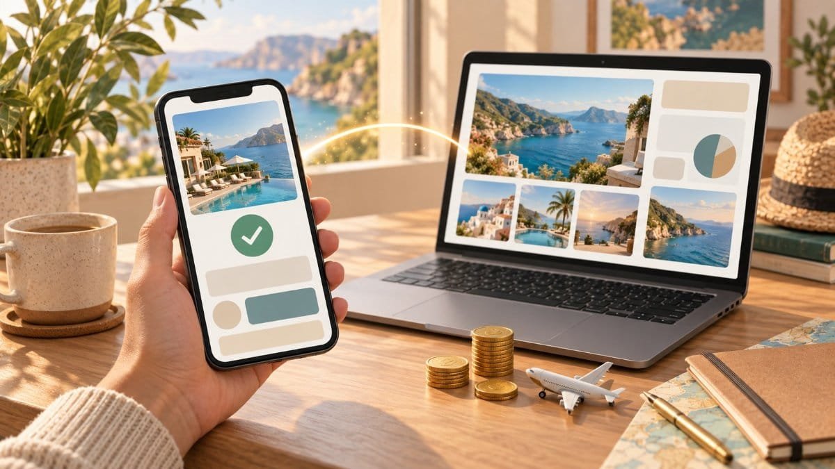How a travel blog earns a commission: a phone showing a booked hotel linked to a laptop
