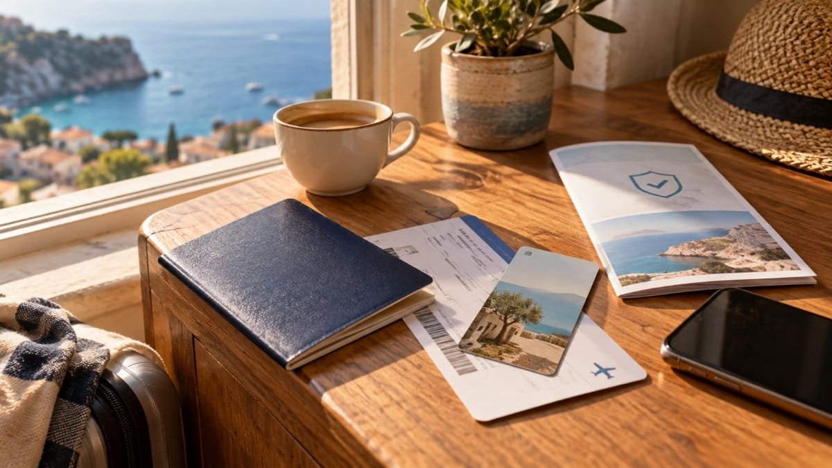 What a travel blog earns per booking depends on the product: a boarding pass, a hotel key card and a travel insurance leaflet on a desk
