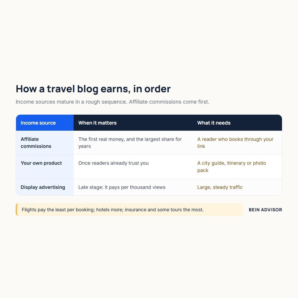 How a travel blog earns: affiliate commissions first, then your own product, then display ads